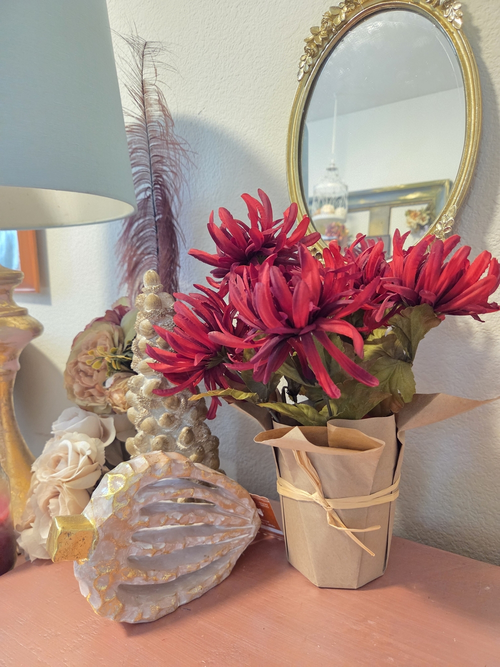 Ashland Red Chrysanthemum Faux Bouquet in Kraft Wrap